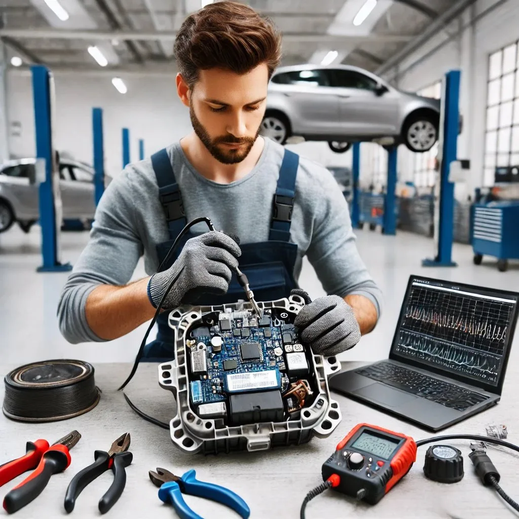 Technician resetting an airbag SRS control module