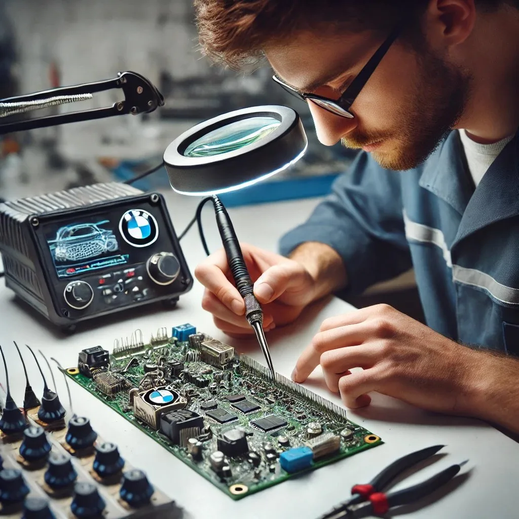 Technician soldering a BMW body electronics module board