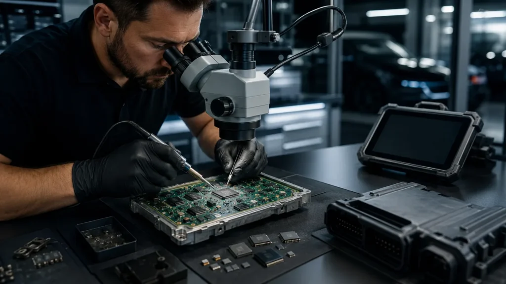 Technician repairing an ECU circuit board under a microscope at component level
