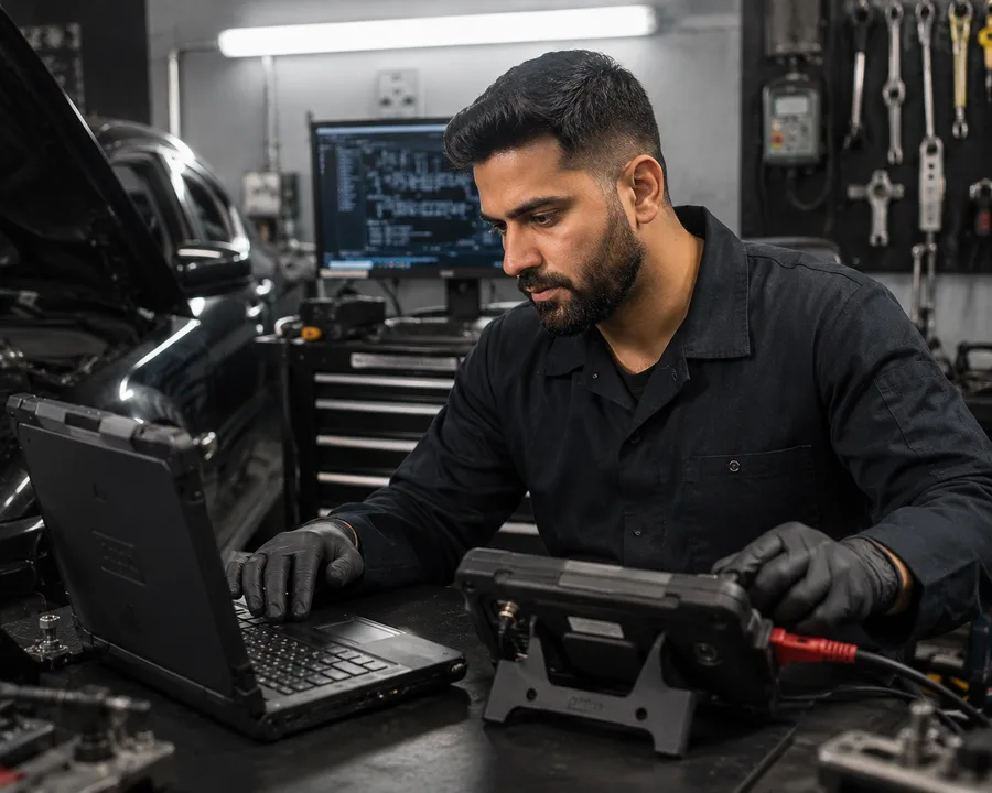 Diagnostics specialist testing a vehicle control module with a scan tool