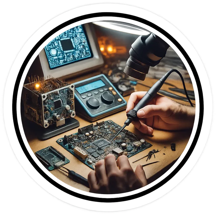 Soldering an ECU circuit board at the repair bench