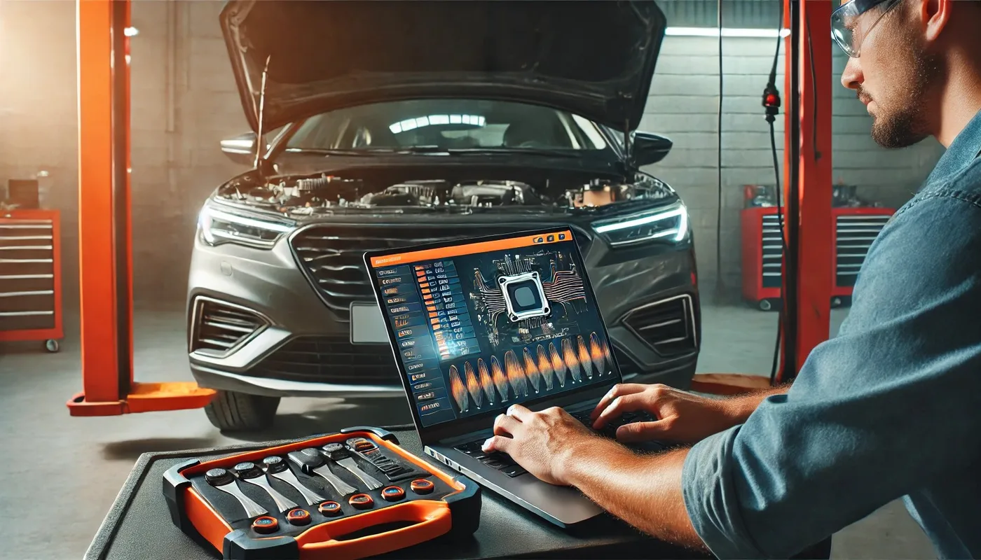 ECU mapping and tuning on a laptop in the workshop