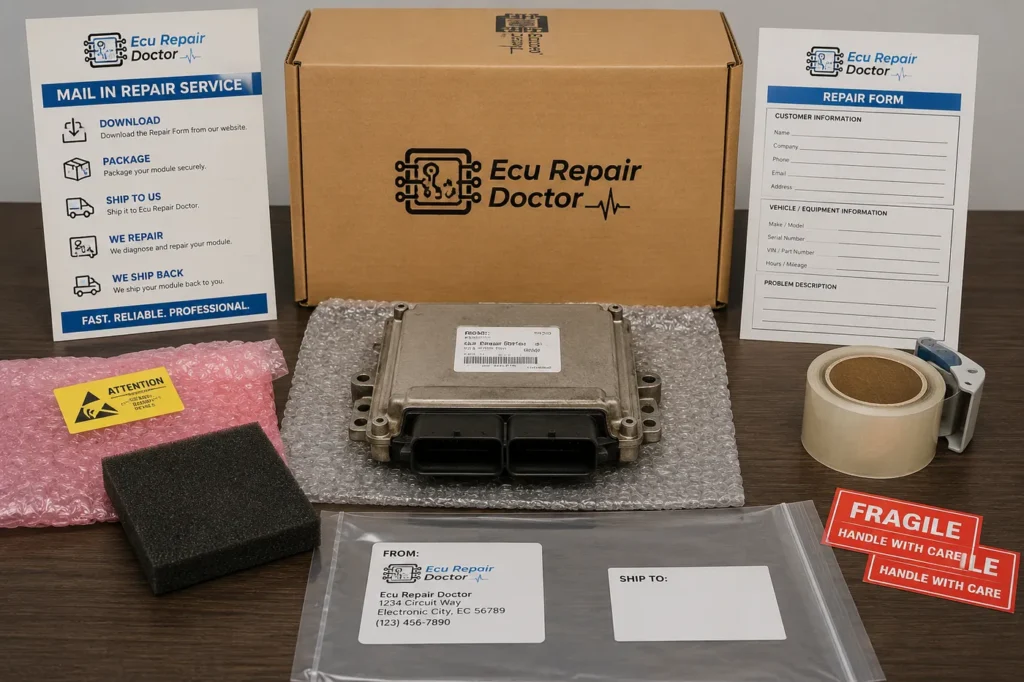 ECU Repair Doctor mail-in repair kit with box, ECU module, repair form and shipping labels