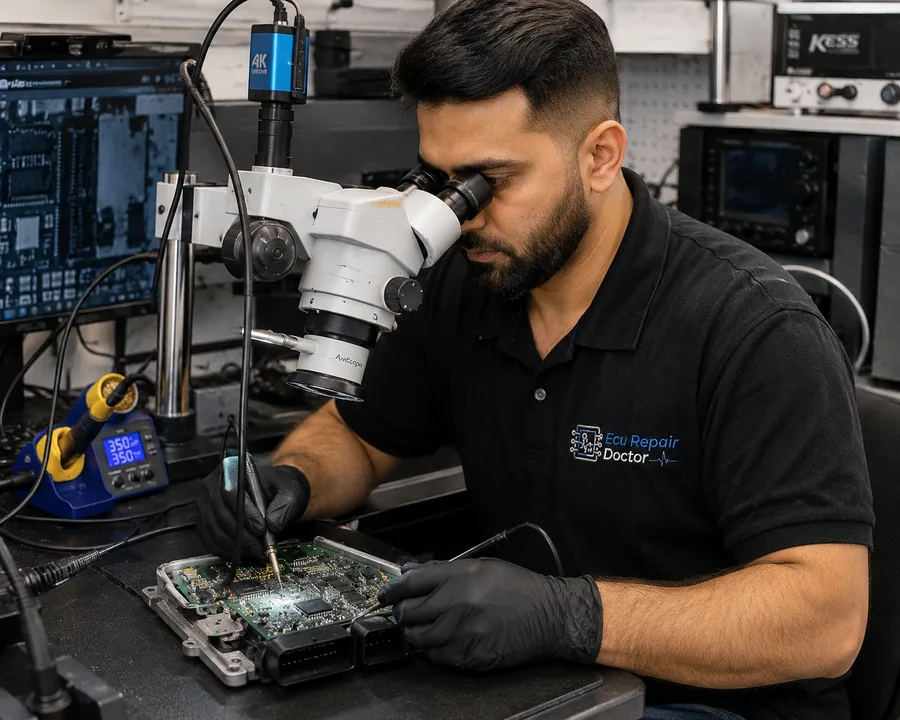 Lead technician soldering an engine control unit under a stereo microscope