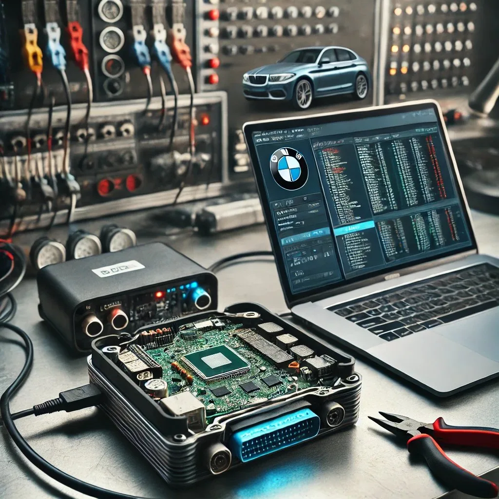 BMW module coding on the bench with a laptop
