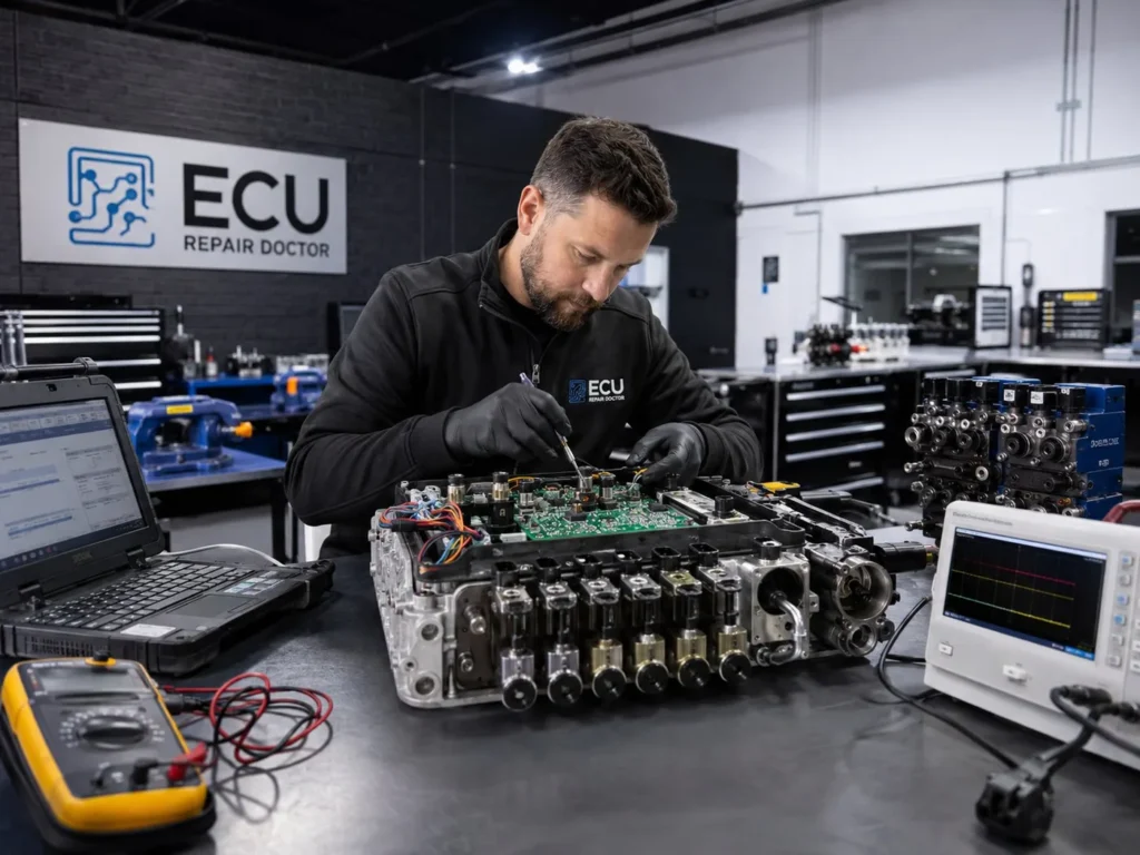 ECU Repair Doctor technician repairing a transmission control module