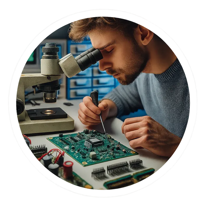 Technician inspecting a control module circuit board under a microscope